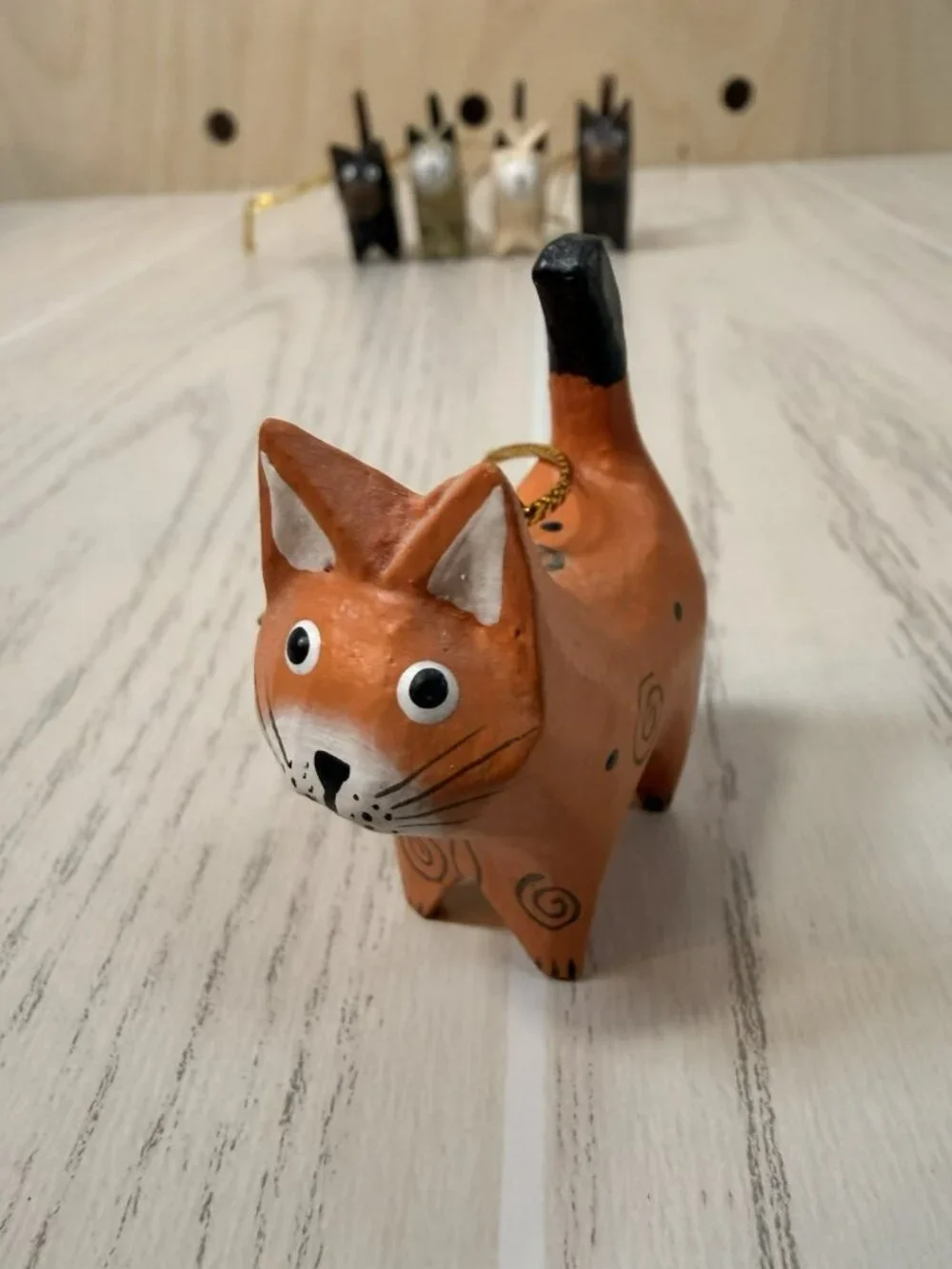 Set of 5 Handmade Hand Painted Wooden Cat Christmas Tree Ornaments Folk Art